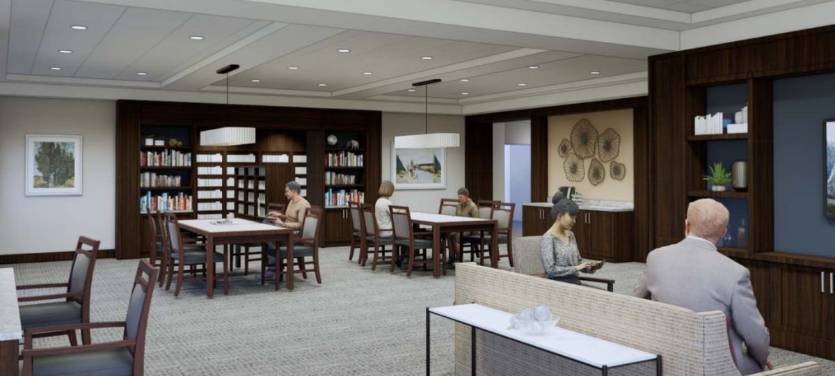 Interior rendering of an Erickson Senior Living community dining and bar area with tables, lounge seating, and a television.