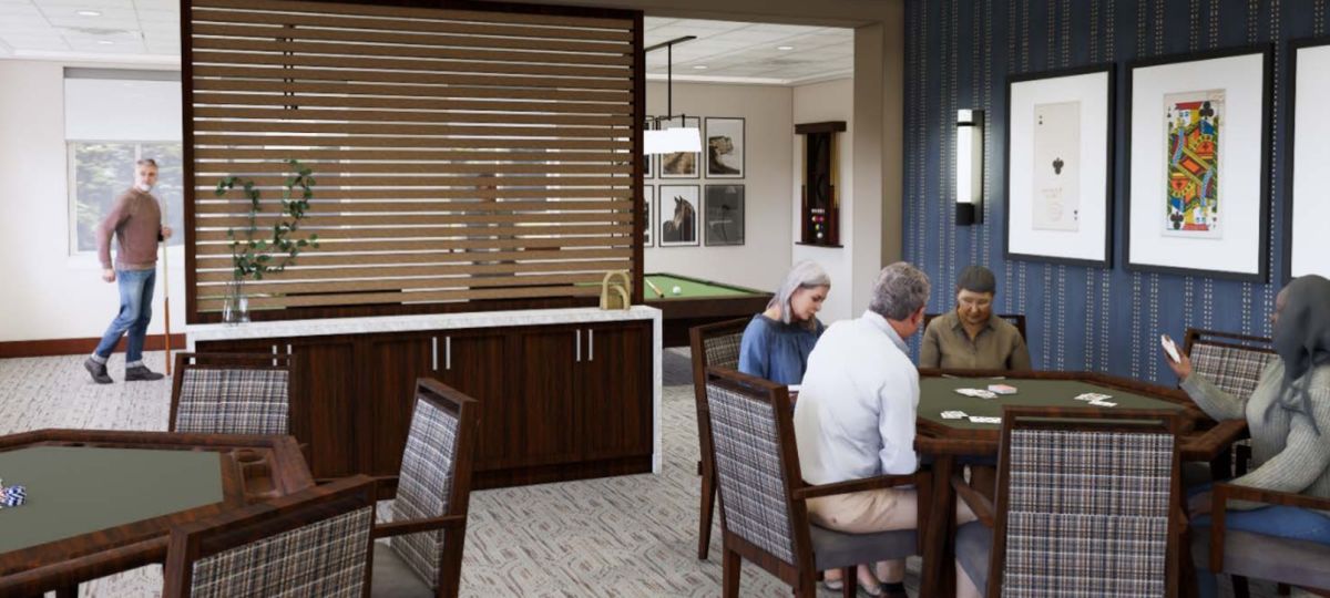 Interior rendering of a community game room with residents playing cards at tables, a pool table, and framed artwork.