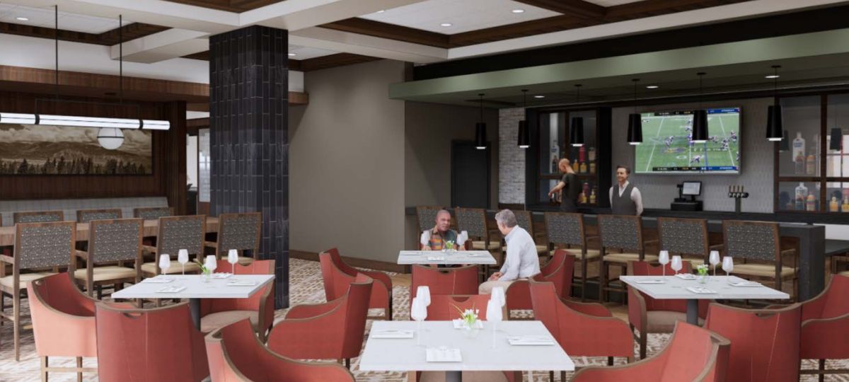 Interior rendering of an Erickson Senior Living community dining and bar area with tables, lounge seating, and a television.